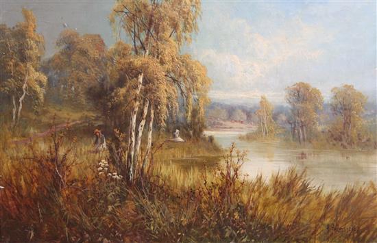 Frank Hider, oil, Lake scene with children on a bank